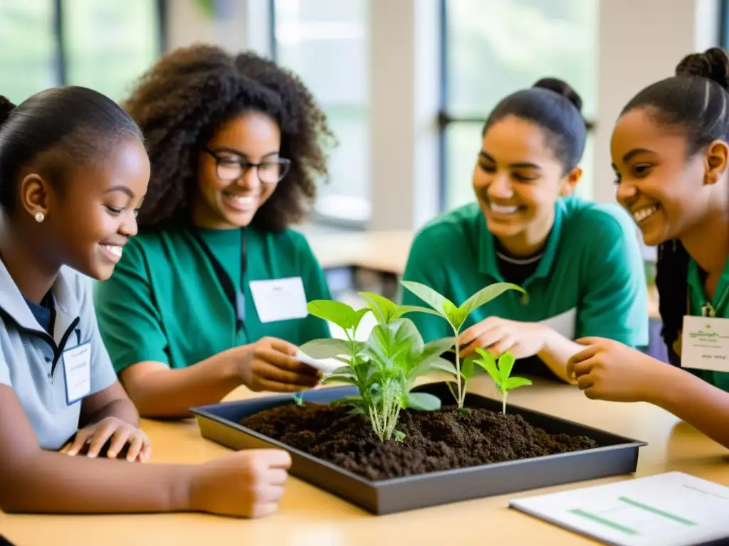 Implementando Ecología Profunda en Educación: Estudiantes colaborativos participan en actividad de ciencias ambientales con plantas y suelo en aula iluminada con posters sobre conservación