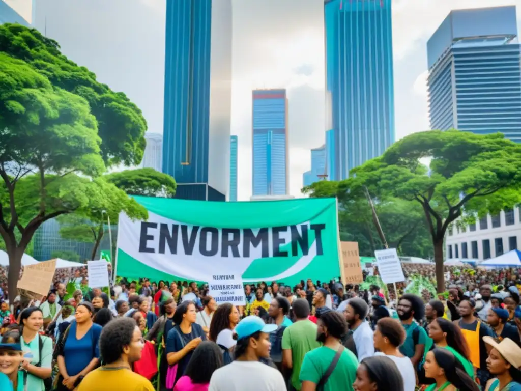 Manifestación de ecologistas internacionales en una ciudad vibrante con mensajes proambientales