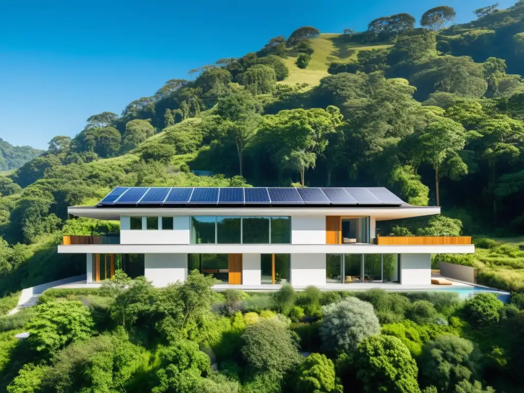 Un edificio moderno y sustentable entre vegetación exuberante, con paneles solares y sistema de recolección de agua