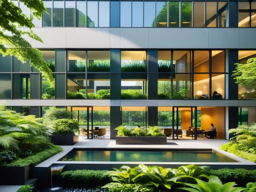 Edificio de oficinas moderno rodeado de vegetación, con luz cálida y siluetas de empleados, evocando ética empresarial y retención de talentos