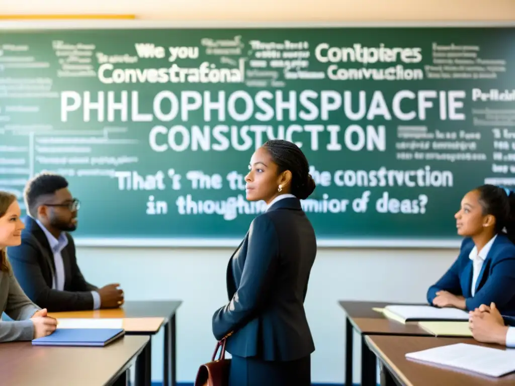 Transformación educativa mediante deconstrucción filosófica: aula animada con diversidad de estudiantes debatiendo, mientras el profesor facilita