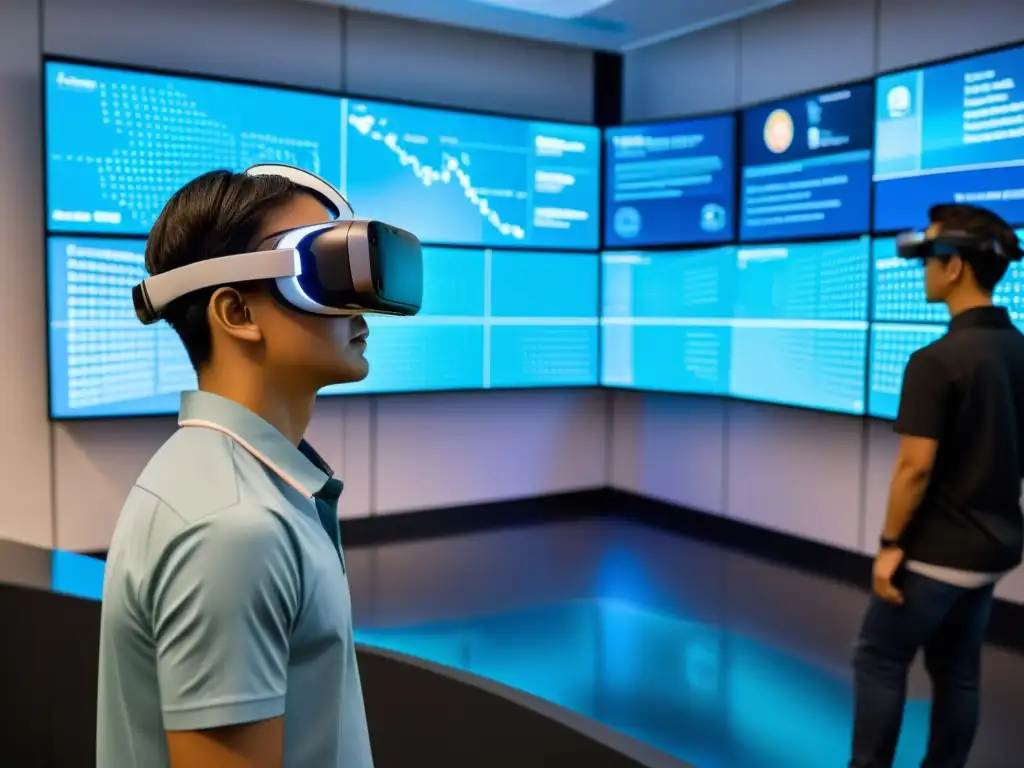 Transformación educativa en la era tecnológica: Estudiantes inmersos en un aula futurista con realidad virtual, robots y tecnología holográfica