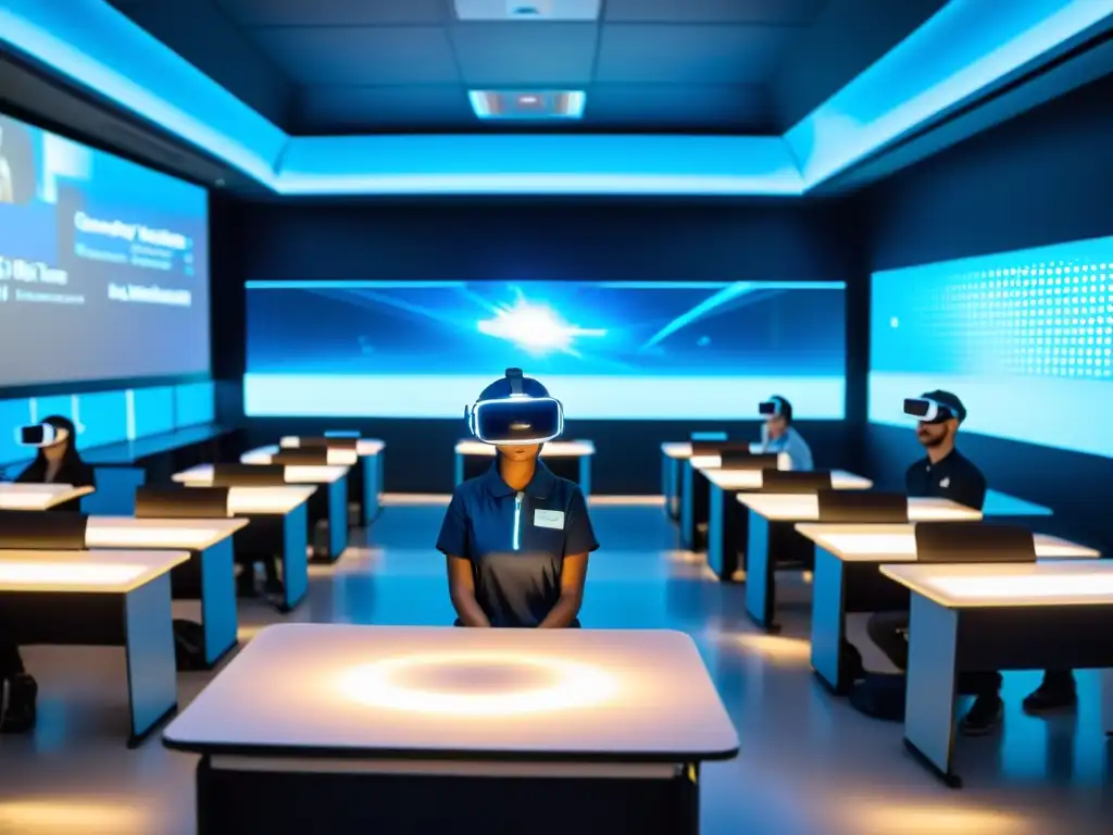 Transformación educativa en la era tecnológica: Estudiantes inmersos en realidad virtual, interactúan con hologramas mientras el profesor explica