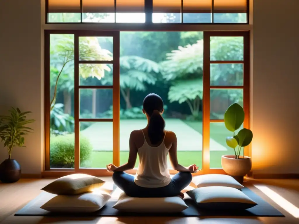 Meditación para trascender el ego: persona en paz meditando en una habitación iluminada por la suave luz matutina