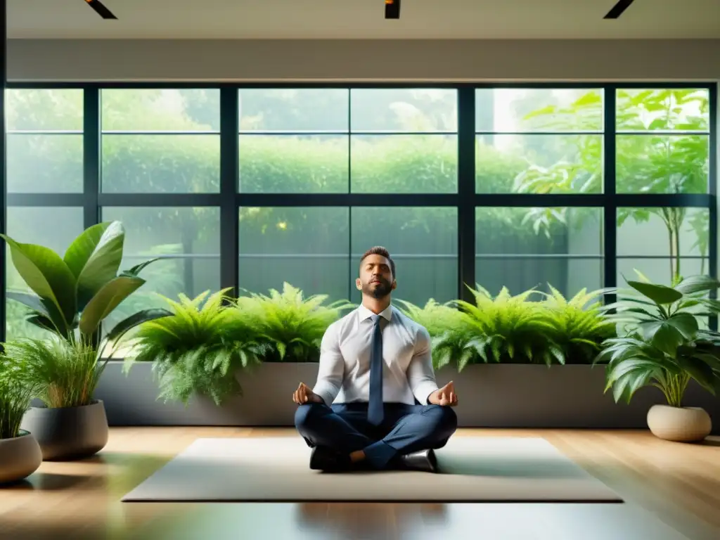 Un ejecutivo medita en un espacio de oficina minimalista, rodeado de plantas y luz natural, transmitiendo calma y enfoque