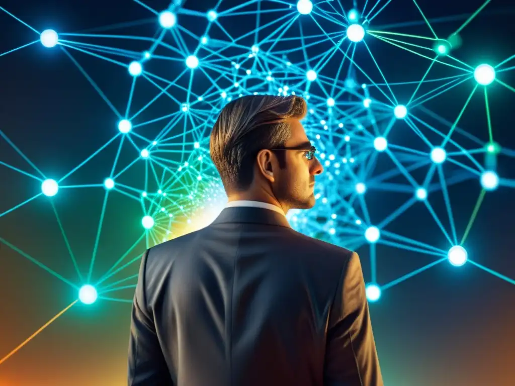 Un ejecutivo reflexivo frente a una red de nodos luminosos, representando la racionalidad limitada en la toma de decisiones