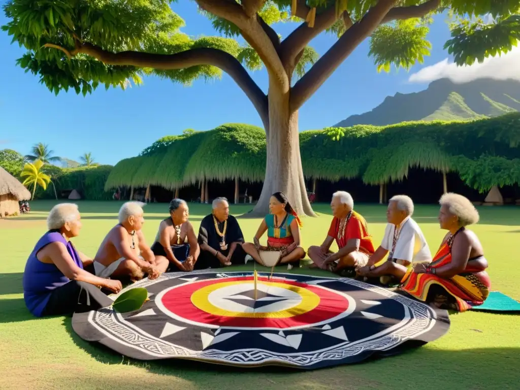 Elders participando en una ceremonia de resolución de disputas en Oceanía, rodeados de naturaleza exuberante y tradicionales chozas isleñas