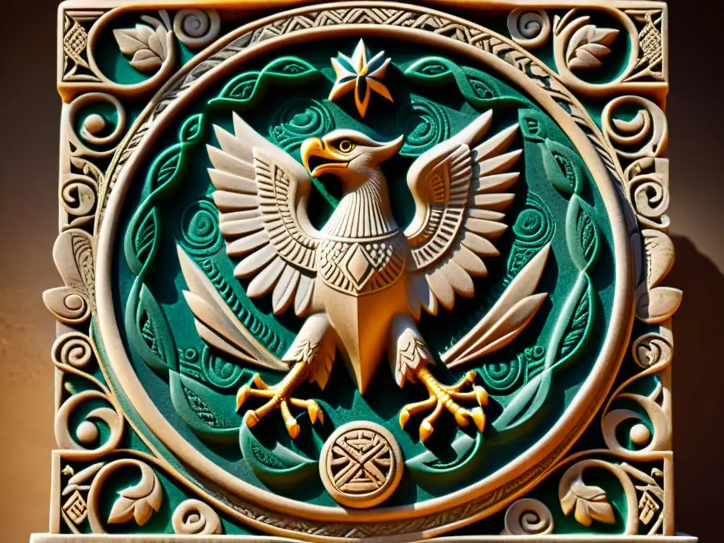Emblema mesoamericano de águila y serpiente tallado en piedra con detalles exquisitos y colores vibrantes, evocando interpretaciones filosóficas