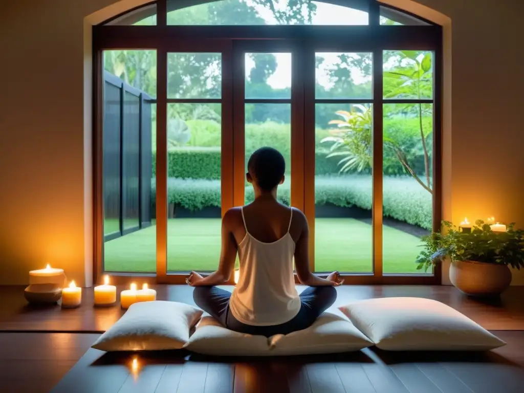 Práctica de Mindfulness para liberación emocional en un ambiente tranquilo y sereno con vistas a un exuberante jardín