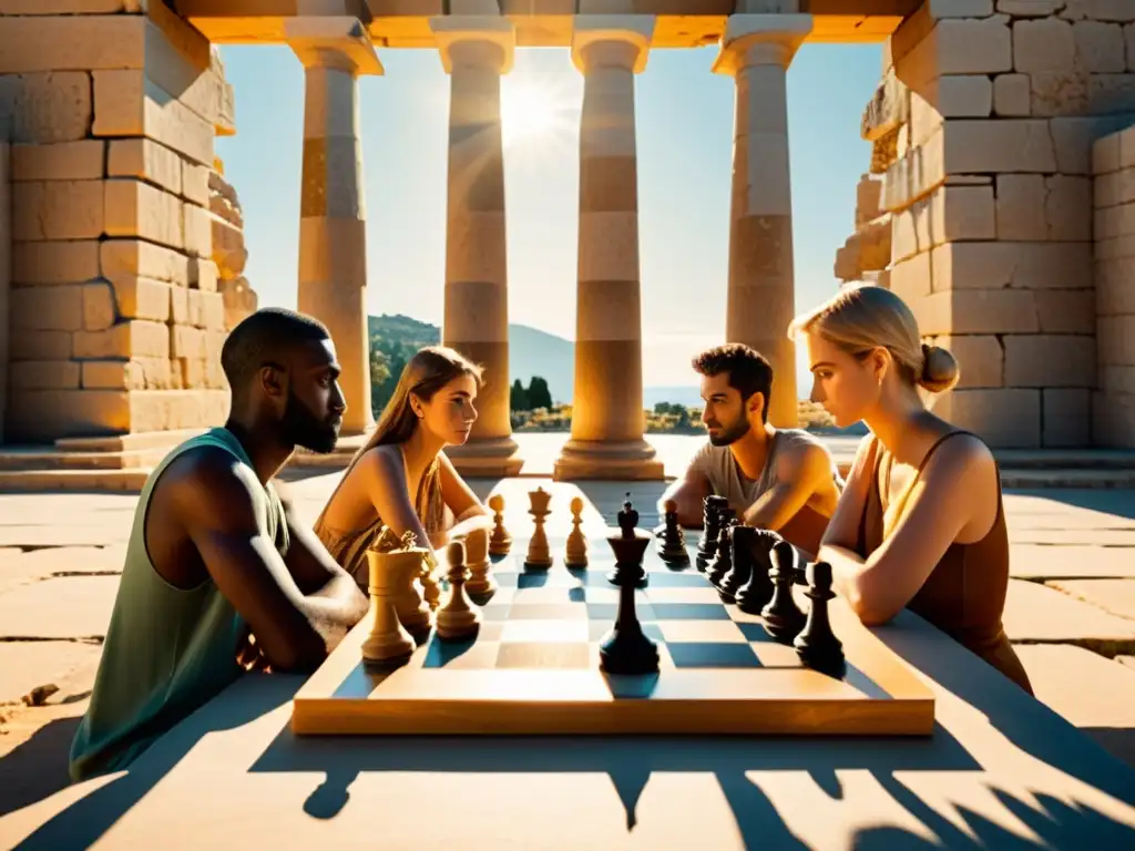 Un emocionante juego de ajedrez entre las ruinas griegas evoca la fusión entre la estrategia moderna y la filosofía griega