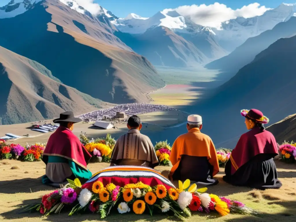 Un emotivo ritual funerario andino en las montañas, con coloridos textiles y ofrendas florales
