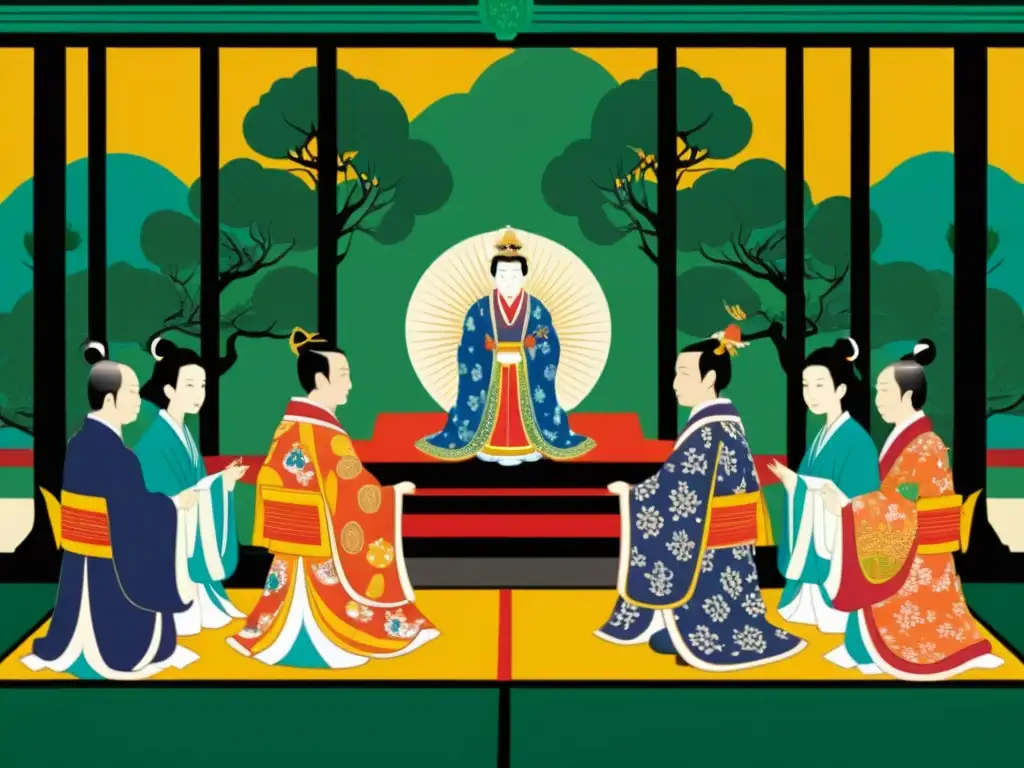 El Emperador de Japón en Shinto realiza una ceremonia sagrada en un bosque antiguo, rodeado de sacerdotes en atuendo ceremonial