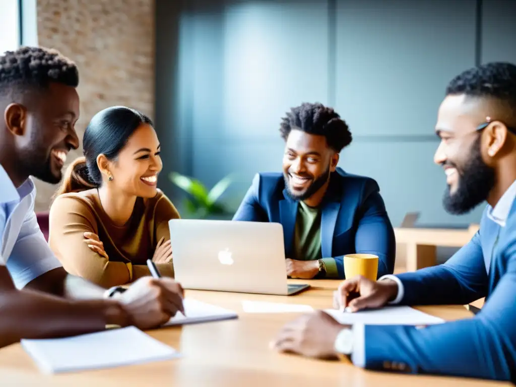 Emprendimientos éticos desde cero: Grupo diverso de emprendedores colaborando en una oficina moderna, reflejando pasión y dedicación en sus rostros