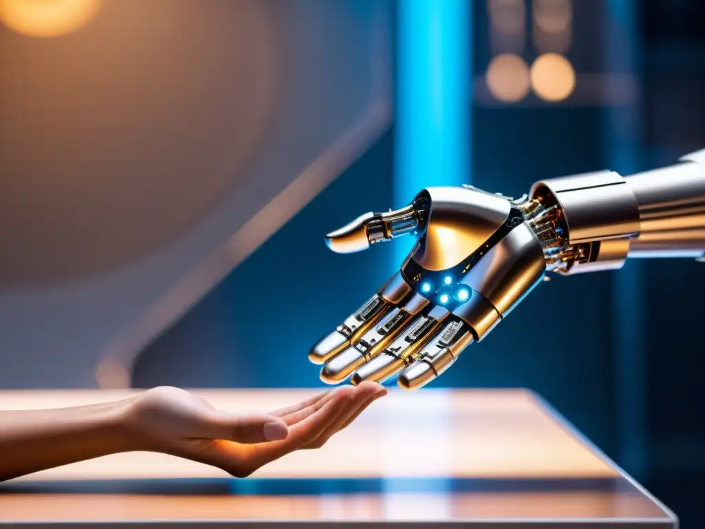 Un encuentro emocional entre una mano humana y una mano robótica, reflexionando sobre el papel de la IA en la resolución de conflictos ética