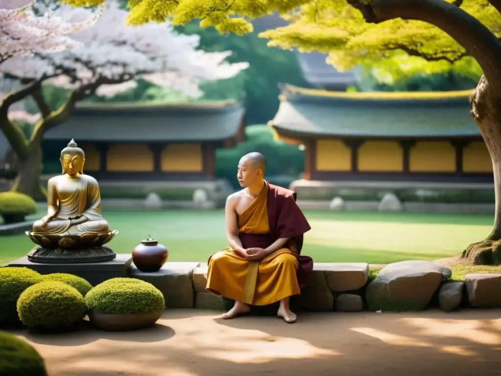 Un encuentro de sabiduría entre un monje budista y un filósofo occidental en un jardín sereno, simbolizando la intersección de la filosofía budista y occidental