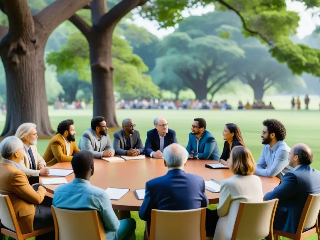 Un encuentro vibrante de pensadores y filósofos de América del Norte, dialogando bajo el cielo abierto en un entorno natural exuberante