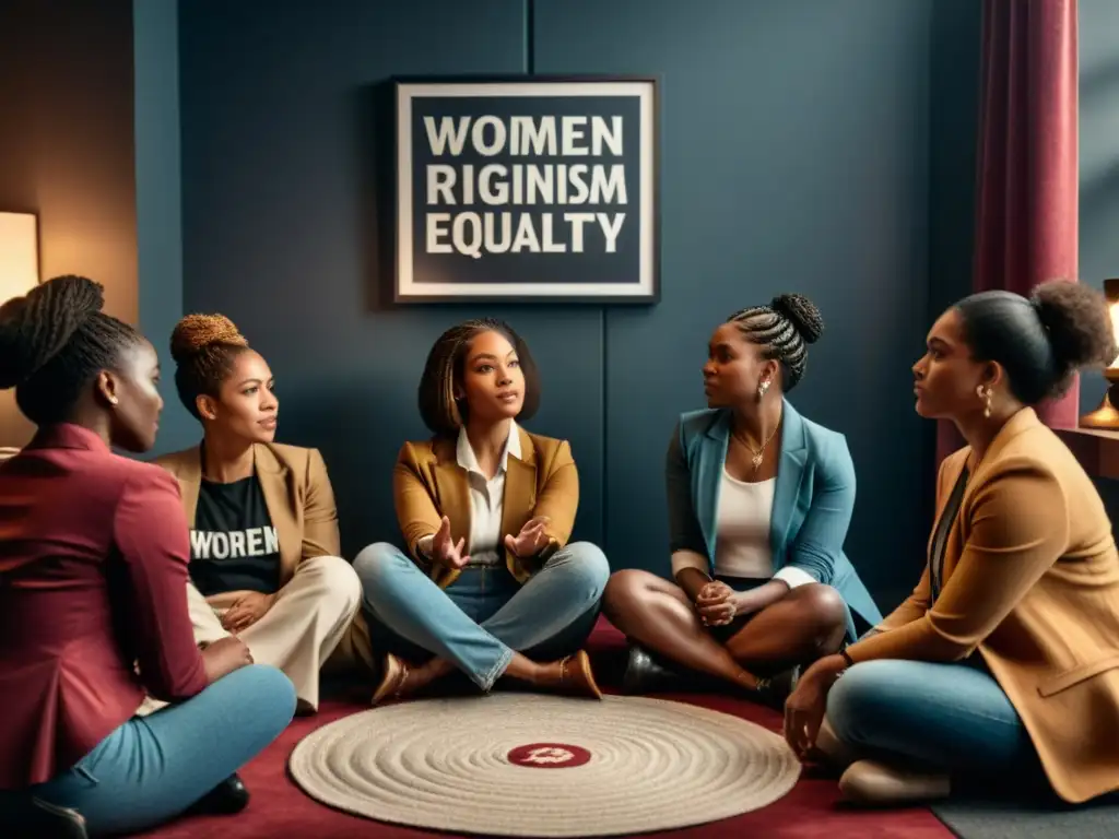 Encuentros y desencuentros: Mujeres debate sobre feminismo y equidad de género en una sala con libros y carteles de derechos de la mujer