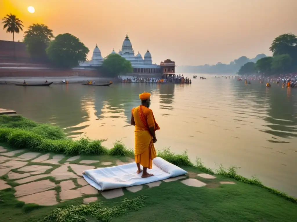 Encuentros de fe cristiana y filosofía vedanta en un atardecer sereno sobre el río Ganges, con rituales y oraciones al fondo