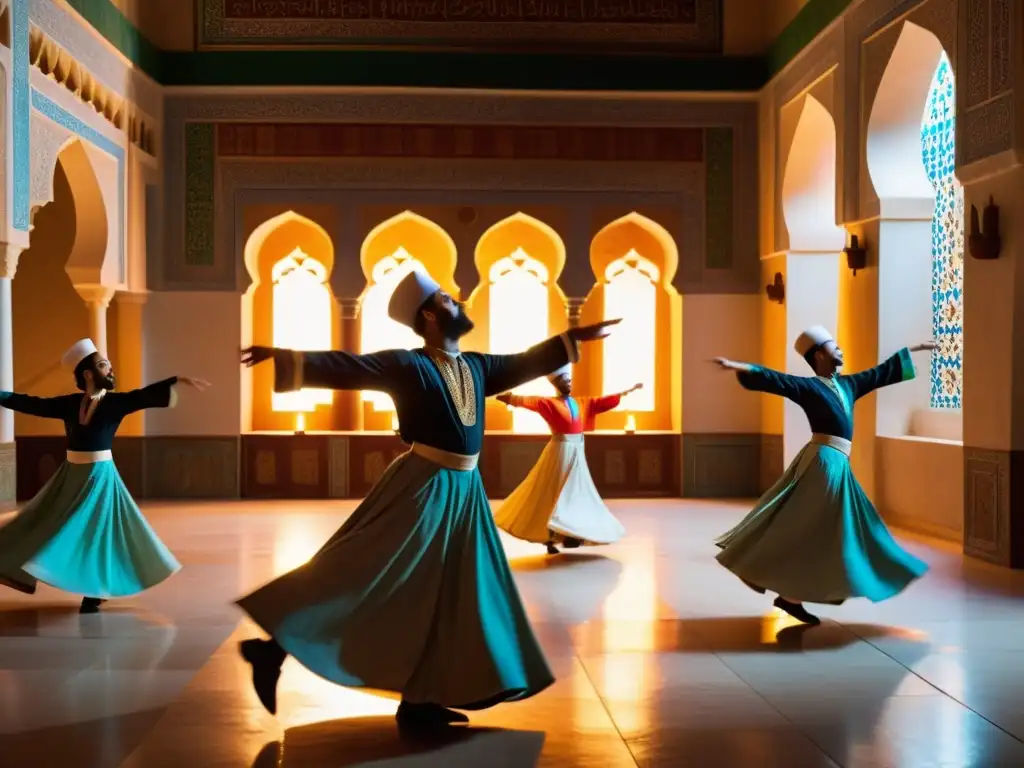 Encuentros con la filosofía sufí: Derviches girando en una danza hipnótica en el interior de una mezquita centenaria, iluminada por velas