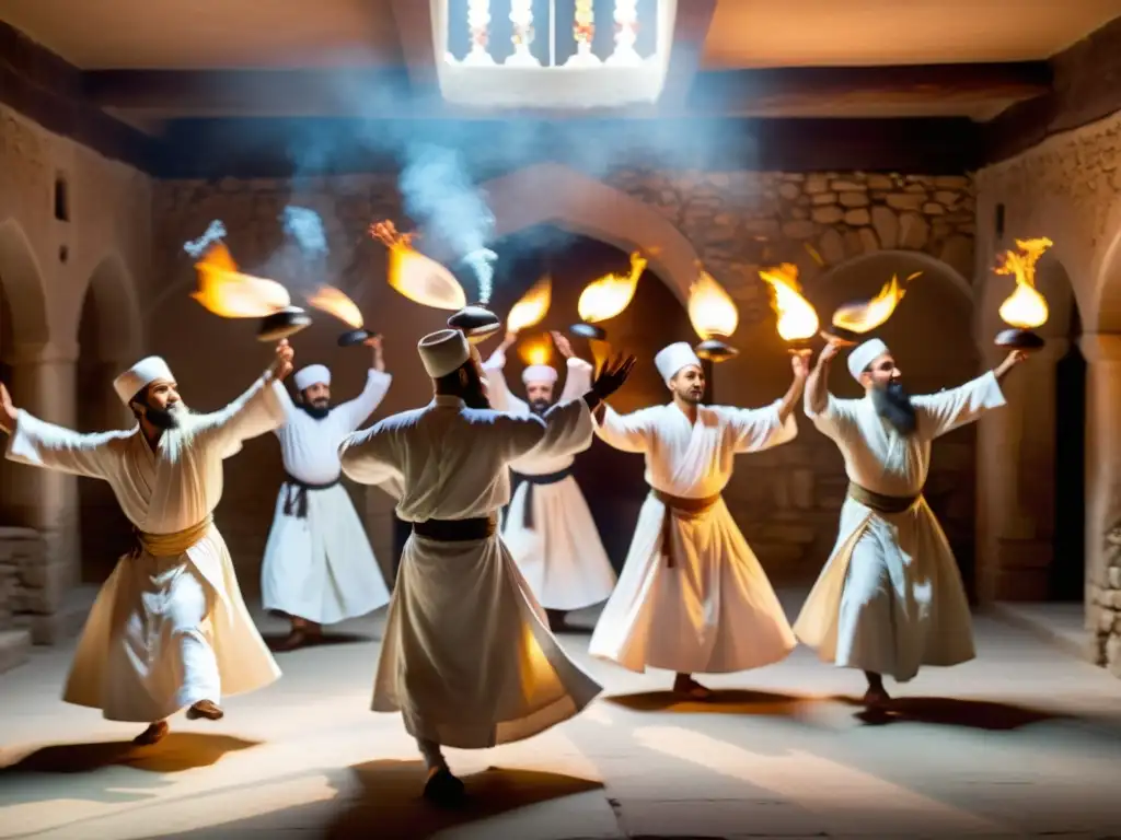 Encuentros con la filosofía sufí: Derviches sufíes danzando en trance alrededor de antorchas en un lodge iluminado por incienso y música espiritual