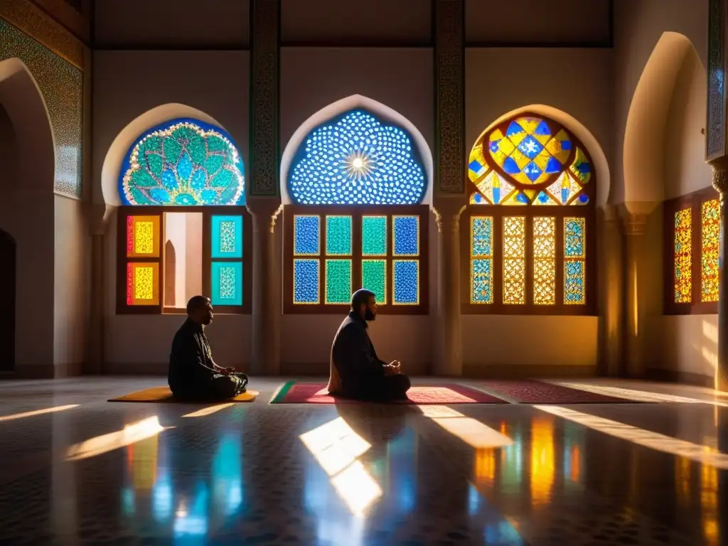 Encuentros con la filosofía sufí: Mural intrincado en mezquita iluminada, fieles meditando en la serenidad de la luz