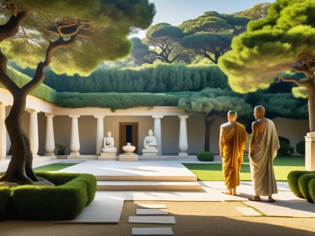 Encuentros sincretistas Neoplatonismo Budismo: esculturas de filósofos griegos y monjes budistas en un patio soleado, reflejando serenidad y coexistencia pacífica