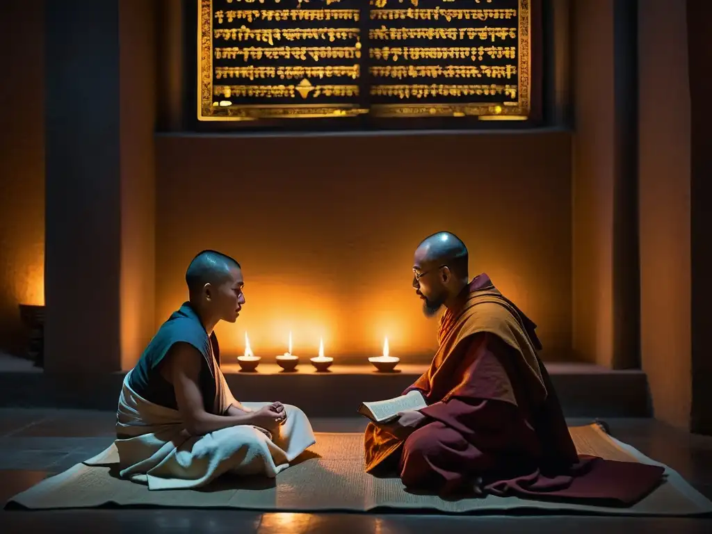 Encuentros sincretistas Neoplatonismo Budismo: Profunda conversación entre filósofo neoplatónico y monje budista en un monasterio iluminado por velas
