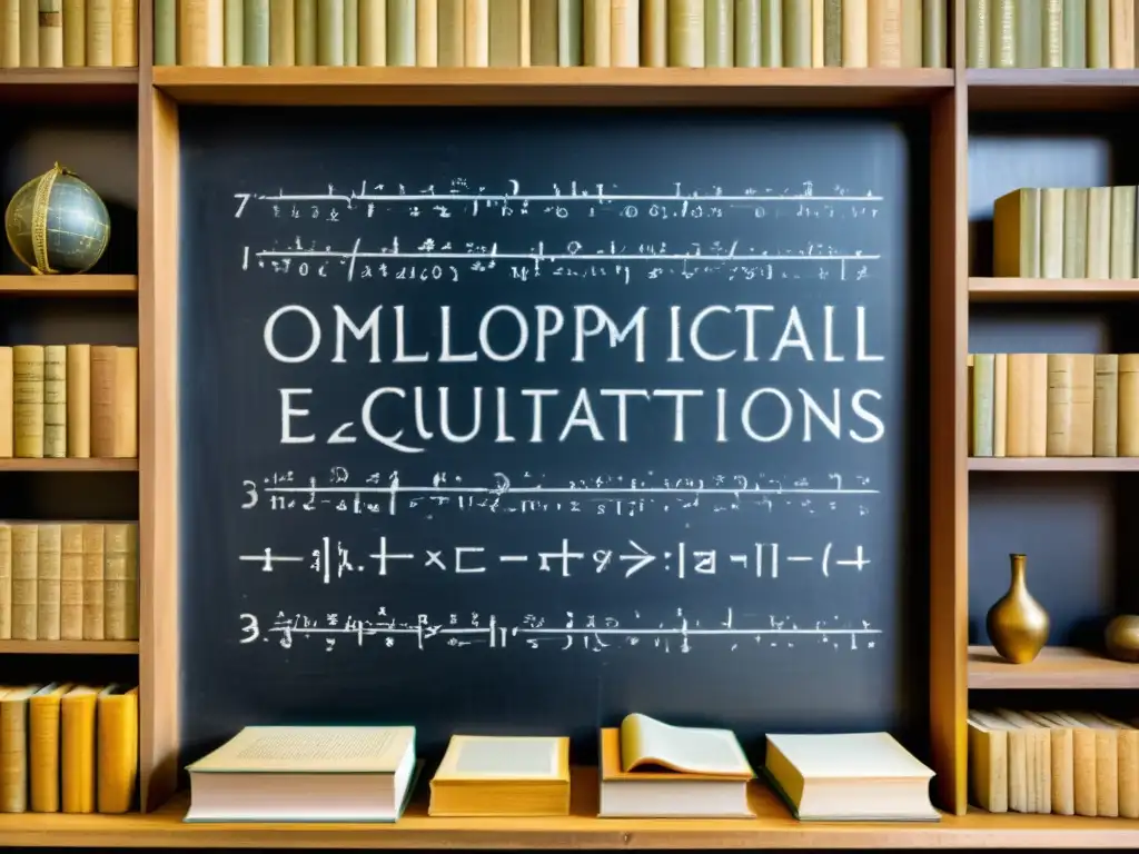 Un enfoque detallado de una pizarra con ecuaciones matemáticas y símbolos, rodeada de libros viejos de filosofía y cultura