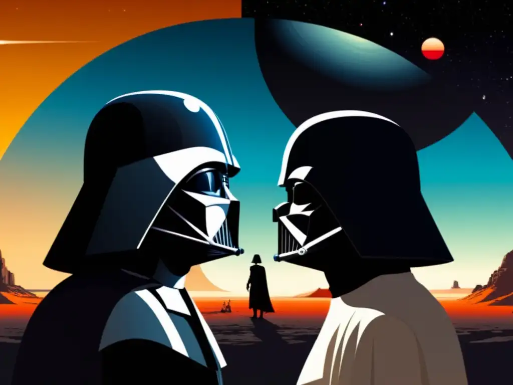Enfrentamiento entre Darth Vader y Luke Skywalker, reflejando la dicotomía bien-mal en Star Wars