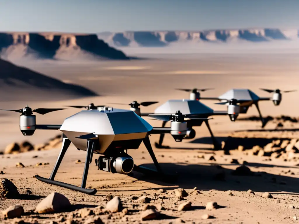 Un enjambre de drones autónomos patrulla un paisaje desolado, reflejando la luz del sol con eficiencia ominosa