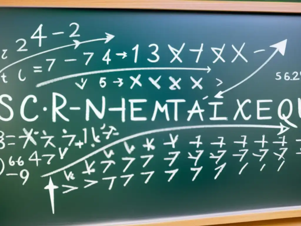Un enredo caótico de ecuaciones matemáticas en una pizarra borrosa, iluminado en la penumbra