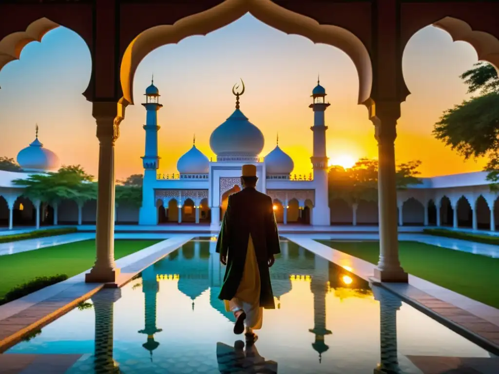 Entrada iluminada de un dargah sufí al atardecer, con un caminante llevando una linterna