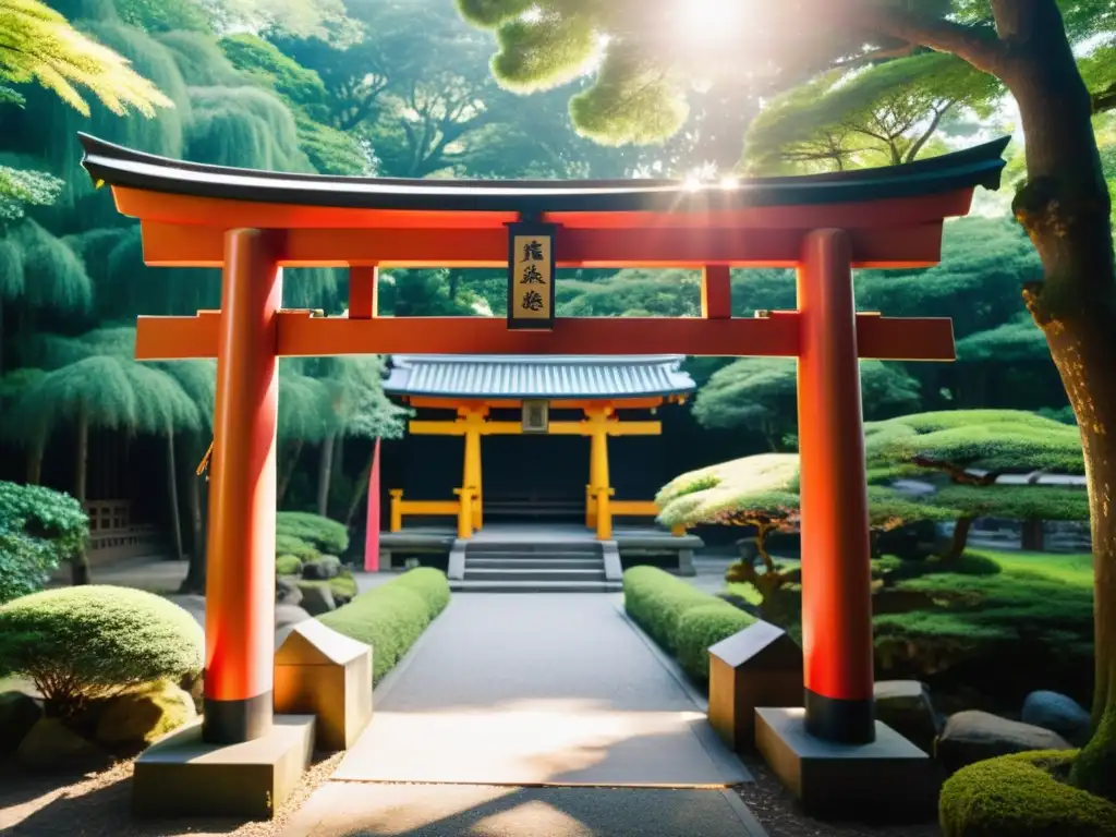 Entrada a un santuario Shinto con un torii de madera y adoradores, reflejando las prácticas cotidianas del Shinto en armonía con la naturaleza