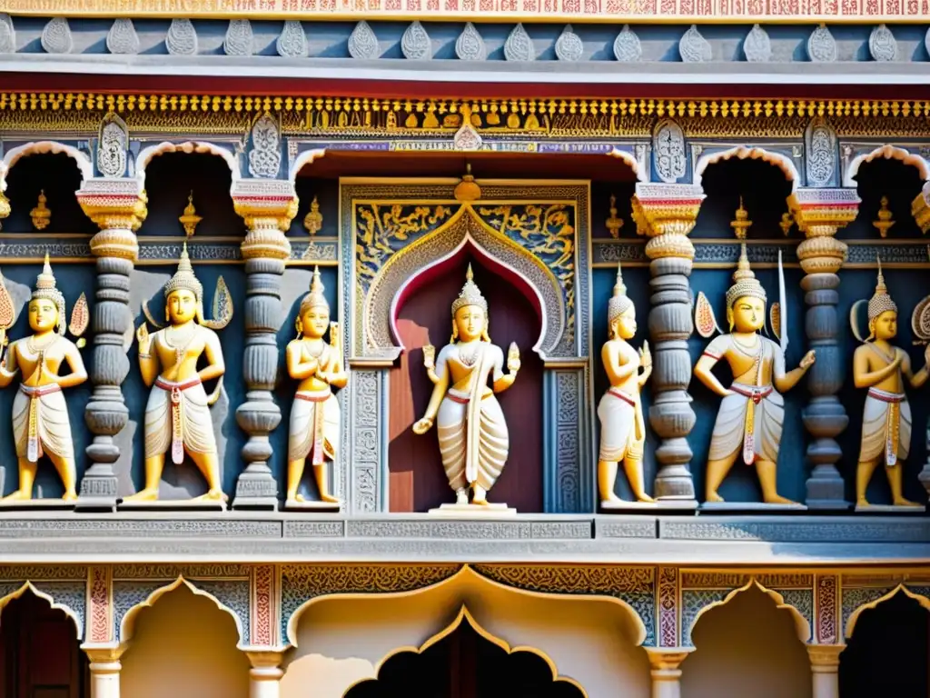 Entrada de templo jainista con esculturas y frescos representando el camino hacia moksha en jainismo, bañados por la suave luz del sol