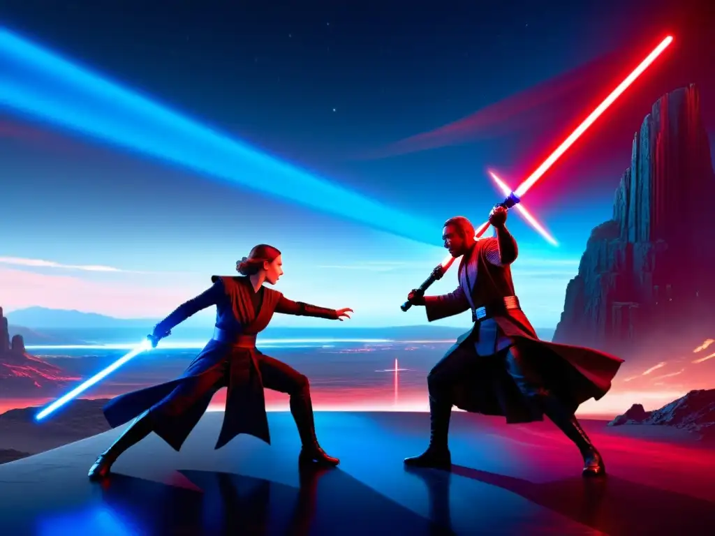 Épica batalla de sables láser entre Jedi y Sith, reflejando la dicotomía bien-mal de Star Wars en un paisaje futurista