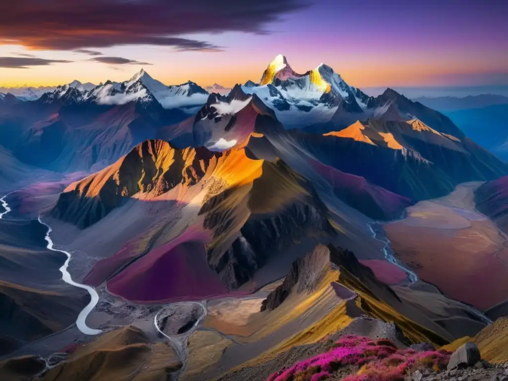 Una épica vista de los picos andinos iluminados por el cálido atardecer, reflejando la dualidad andina