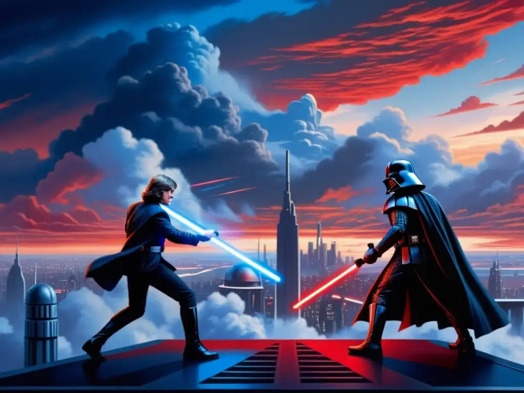 Épico duelo de sables de luz entre Luke Skywalker y Darth Vader en Ciudad Nube, escenificando la dicotomía bien-mal de Star Wars