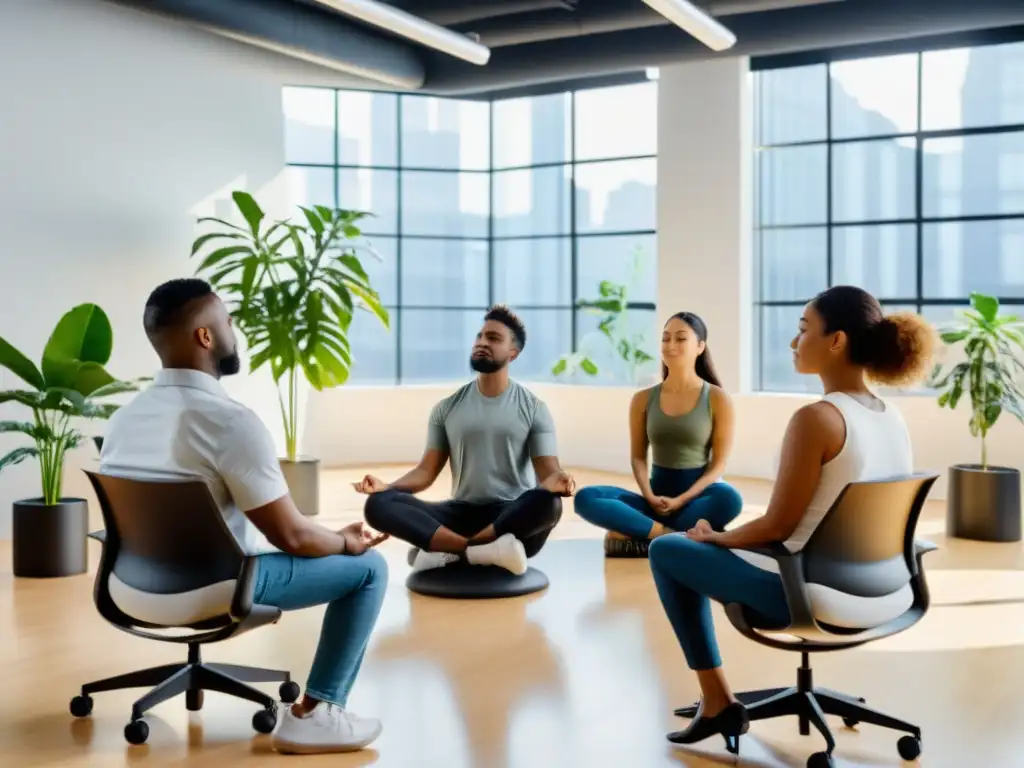 Equilibrio Mindfulness en la era digital: Empleados de la industria tech meditan juntos en un ambiente luminoso y natural, rodeados de tecnología