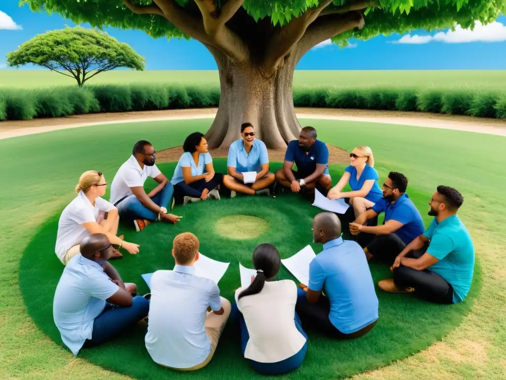 Equipo diverso en círculo debajo de un árbol, discutiendo y colaborando en ética empresarial y retención de talentos, con papeles y plumas esparcidos