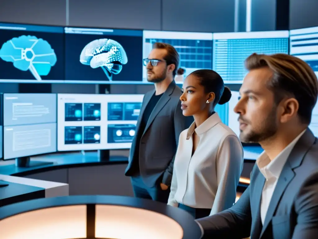 Un equipo diverso de desarrolladores y ingenieros se reúne alrededor de un avanzado sistema de inteligencia artificial en un laboratorio futurista, mostrando la ética en la inteligencia artificial avanzada