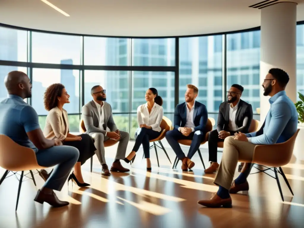 Equipo diverso en discusión animada sobre ética empresarial y retención de talentos en moderna oficina con luz natural