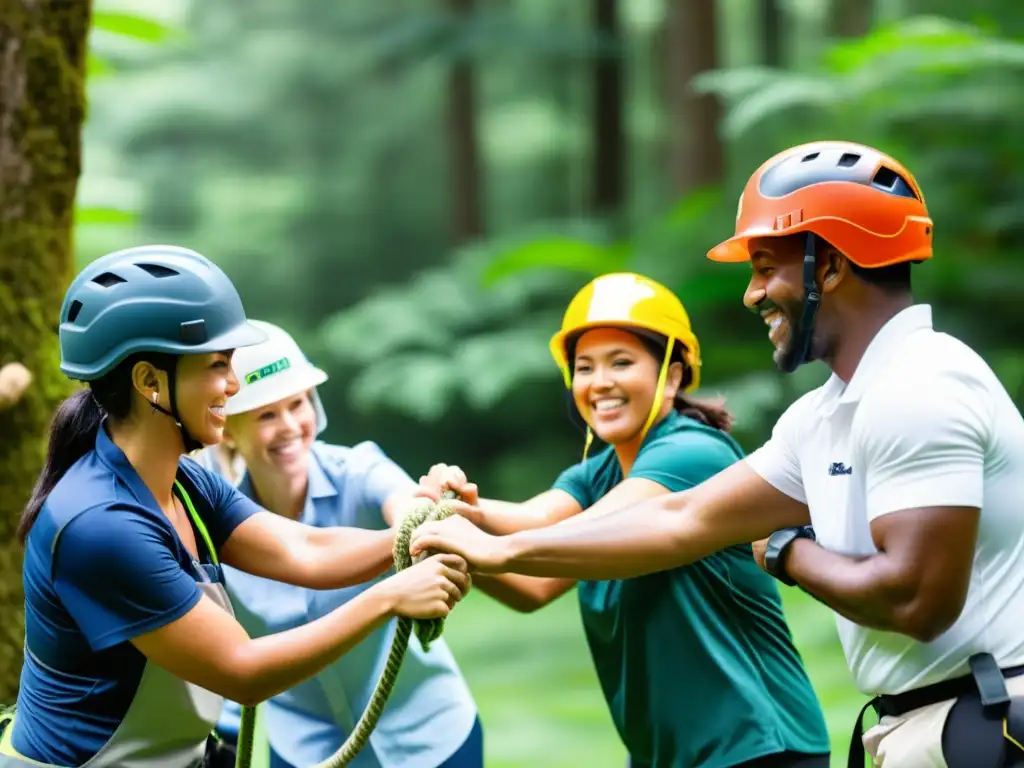 Un equipo diverso de empleados de una empresa reputable participa en un desafío de cuerdas, mostrando camaradería y respeto mutuo