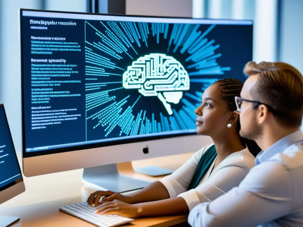 Un equipo diverso de investigadores y desarrolladores discuten la Responsabilidad algorítmica en inteligencia artificial frente a un monitor con código y visualizaciones de datos