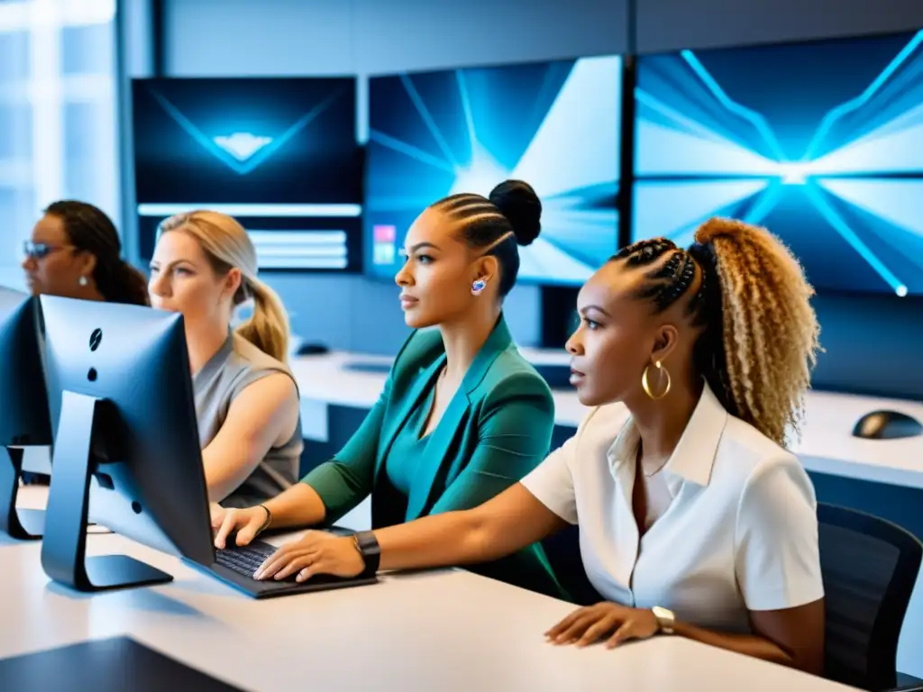 Un equipo diverso de mujeres colabora en una oficina tecnológica moderna, enfocadas y empoderadas