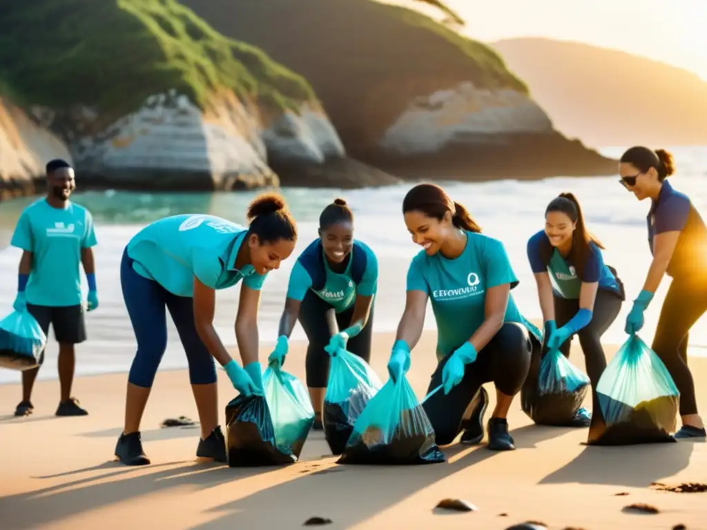 Equipo de empresa blockchain limpiando la playa al atardecer, mostrando responsabilidad moral en la era digital