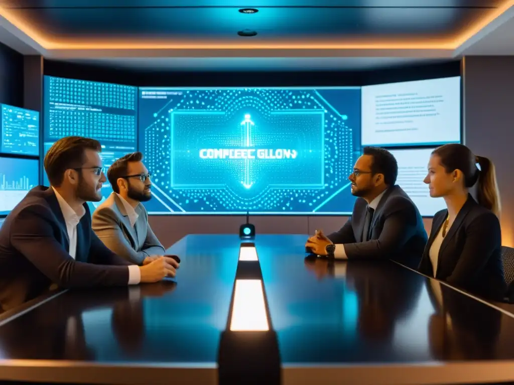 Debate apasionado sobre ética en IA Un equipo de ingenieros y expertos en una intensa discusión sobre ética en el desarrollo de IA, rodeados de tecnología futurista