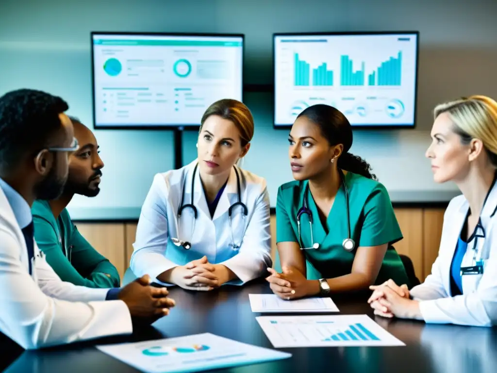 Un equipo médico debate ética en la toma de decisiones médicas en una sala de reuniones de hospital moderna
