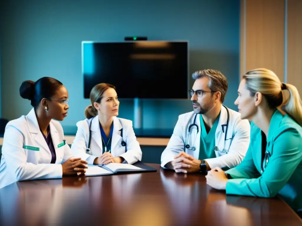Un equipo médico discute ética en la toma de decisiones, rodeado de tecnología médica moderna