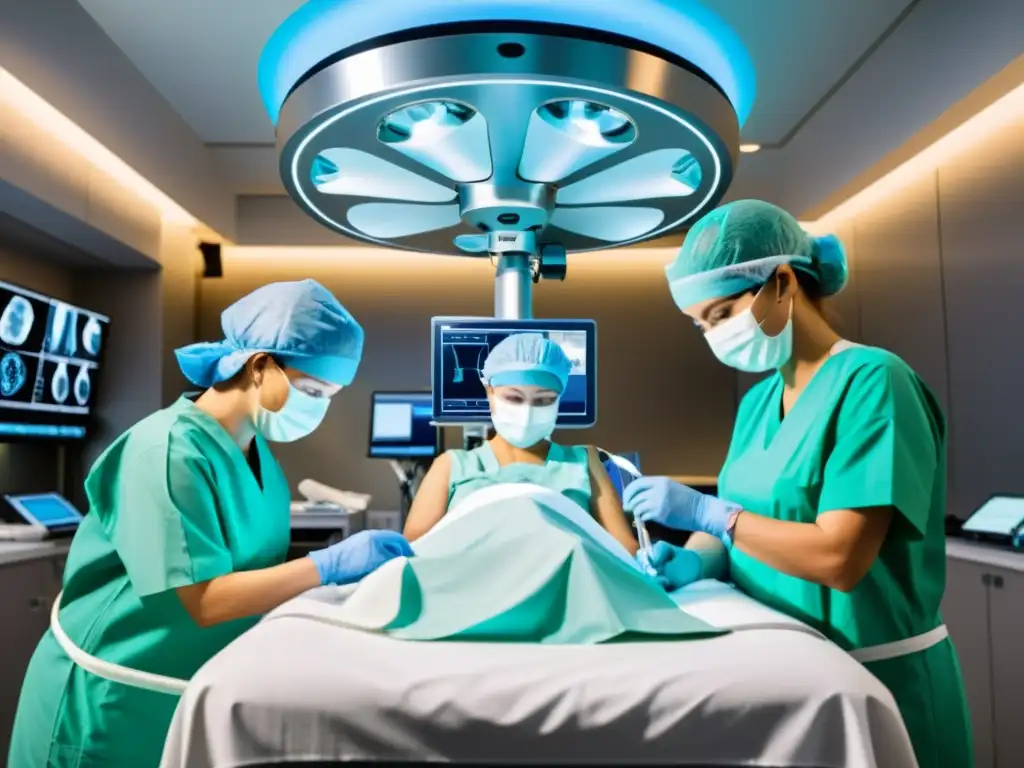 Equipo médico experto realiza cirugía robótica, mostrando la intersección de tecnología y ética en la toma de decisiones médicas