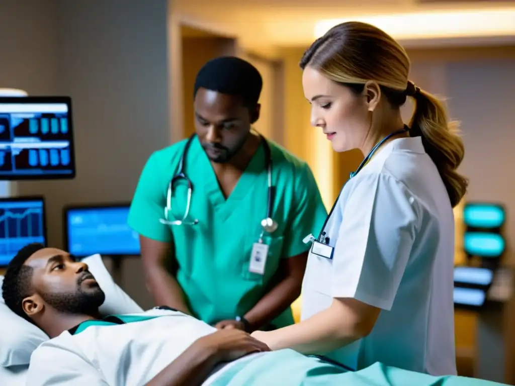 Un equipo médico discute un plan de tratamiento en una sala llena de monitores y equipo médico